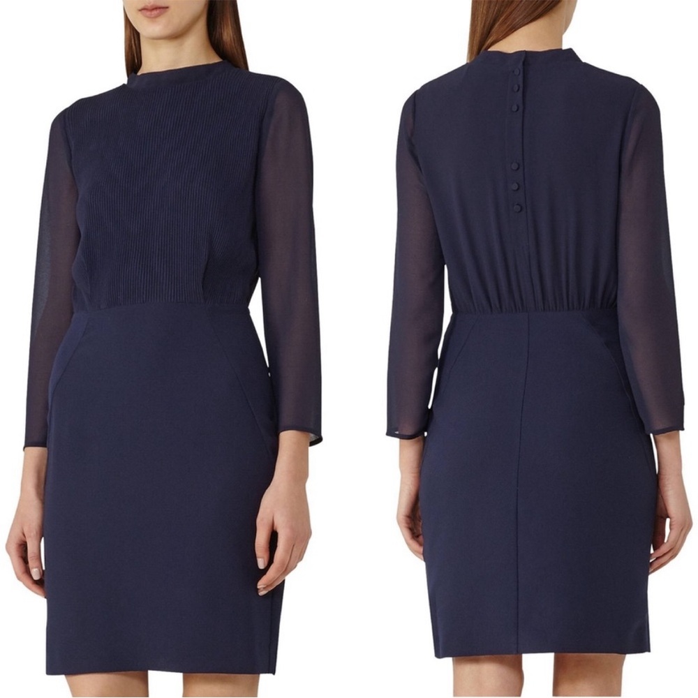 Reiss Coralie 3/4 Sleeve Plisse Panel Dress In Indigo Blue Navy